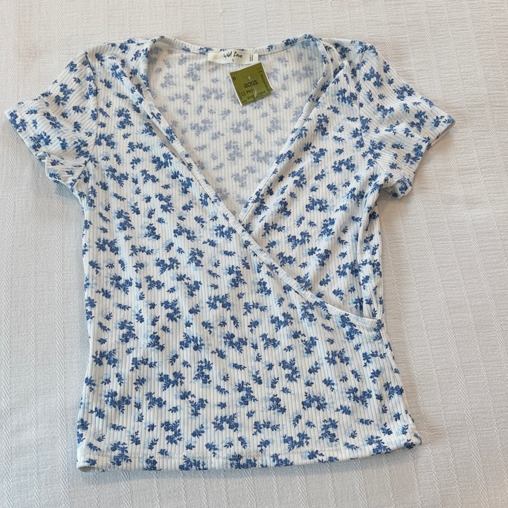 Zara Blue and White Floral Wrap Top